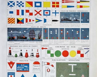 1920s French Navigation Signals Print, Antique Larousse Nautical Flag Chart, Vintage Maritime Sailing Lithograph, Transport Code Wall Art