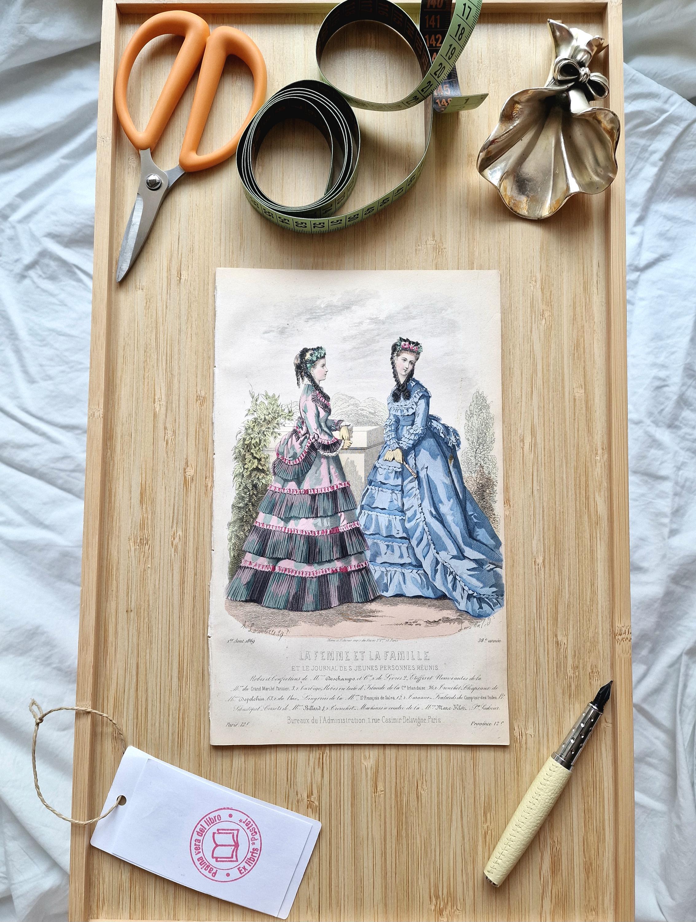 1869 French Fashion Plate – Paris Victorian Dresses in Blue & Rose