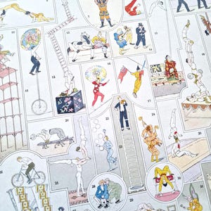 May include: Vintage circus-themed illustration featuring various acrobatic acts. The artwork showcases performers balancing, climbing ladders, and riding bicycles. The color palette includes muted tones of beige, red, yellow, and blue, creating a nostalgic feel.
