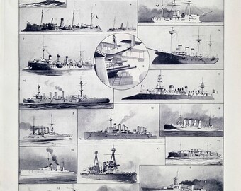 1920s French Warship Print – Larousse Vintage Cruisers & Battleships Chart, Antique Naval Fleet Illustration, Marine Wall Art