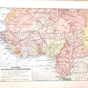 Mapa original da África Ocidental da década de 1920 – Impressão de Atlas Francês Antigo, Litografia da África Equatorial, Mapa Político e Econômico para Decoração de Parede
