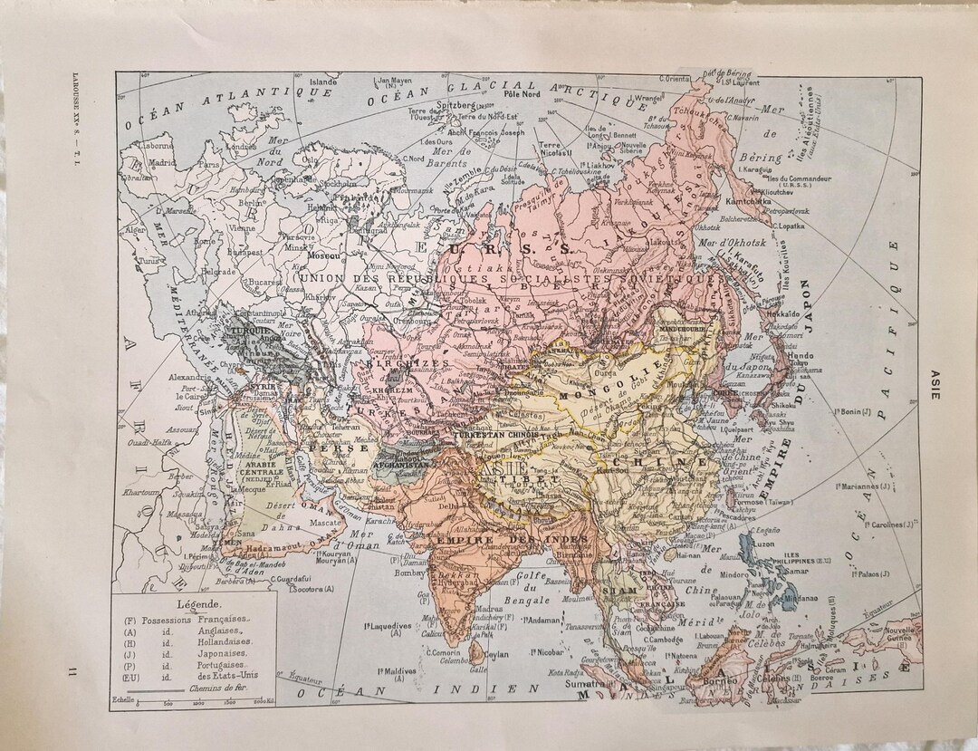 Original 1920s Asia Map – Antique French Atlas Print, Political Map of ...