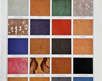 Impresión de tipos de cuero de la década de 1920: Tabla de materiales antiguos de Larousse, litografía vintage de curtido y texturas de cuero, arte mural de referencia de diseño