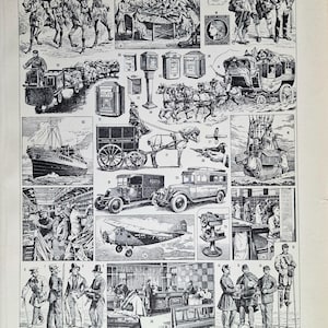 Französischer Postdruck der 1920er Jahre, antike Schwarz-weiße Lithographie, Vintage Larousse Postamt-Illustration, Postgeschichts-Wandkunst