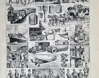 1920s French Postal Print, Antique Black White Lithograph, Vintage Larousse Post Office Illustration, Mail Delivery Postal History Wall Art