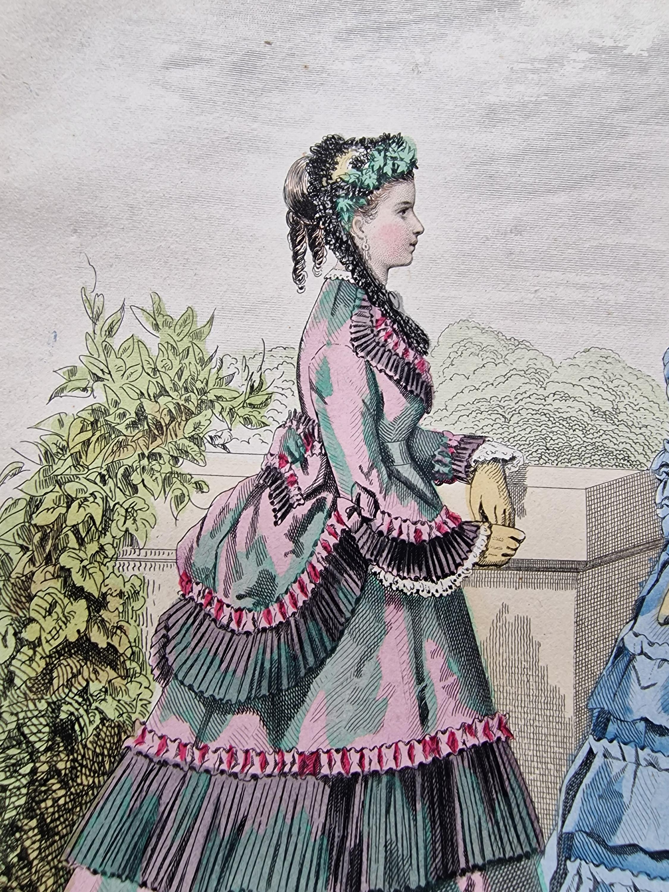 1869 French Fashion Plate – Paris Victorian Dresses in Blue & Rose