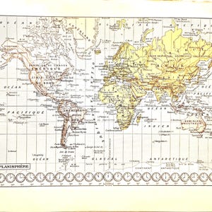 Original 1920s World Map Antique Print – Vintage French Atlas Planisphere Illustration, Double Sided Geography Lithograph Wall Art