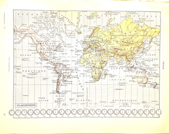 Impresión antigua original del mapa mundial de la década de 1920: ilustración vintage del planisferio del Atlas francés, litografía de geografía a doble cara, arte mural.