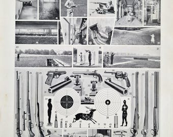 1920s French Shooting Print – Larousse Vintage Firearms & Target Shooting Chart, Antique Hunting Illustration, Lithograph Wall Art