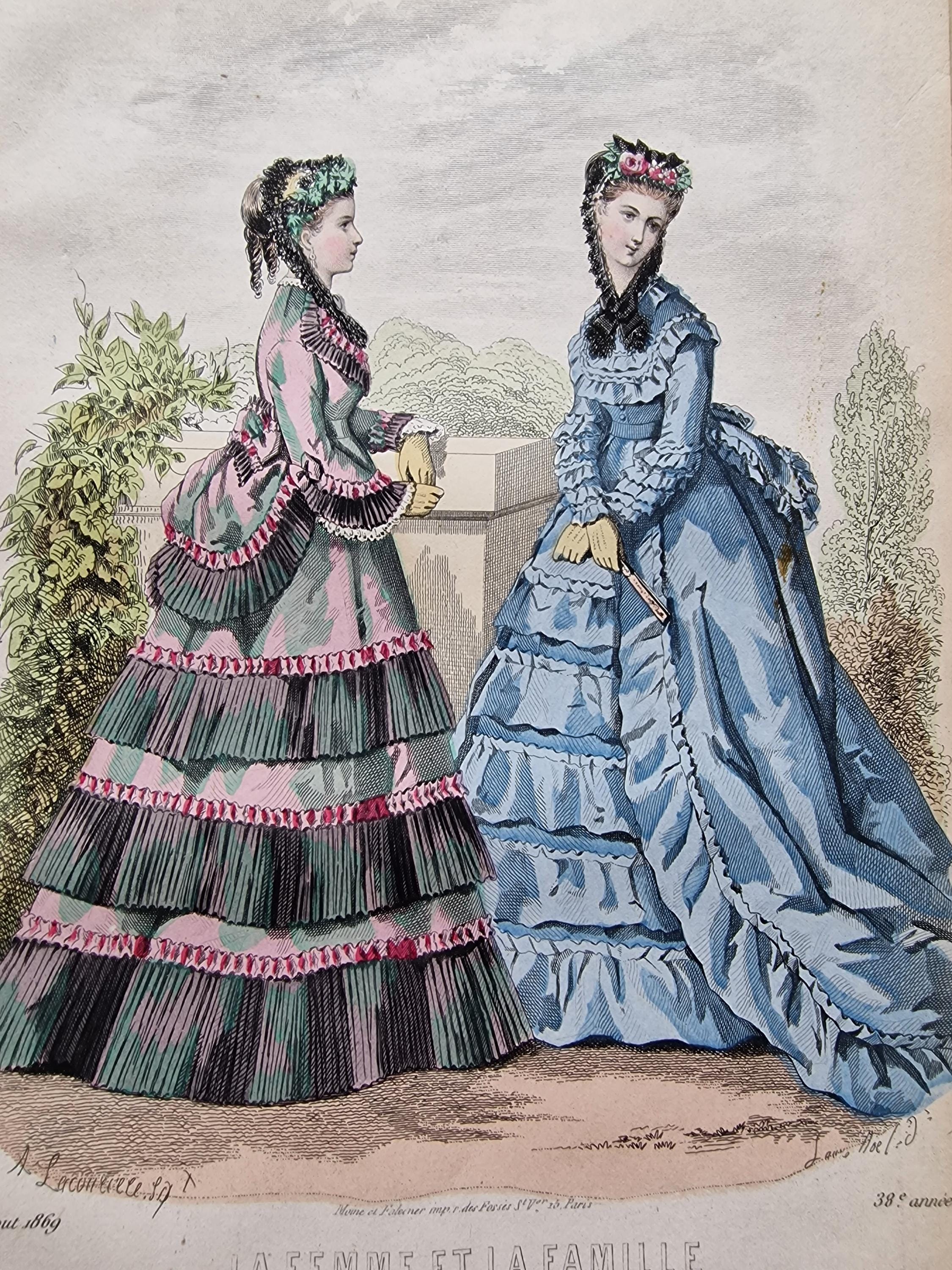 1869 French Fashion Plate – Paris Victorian Dresses in Blue & Rose