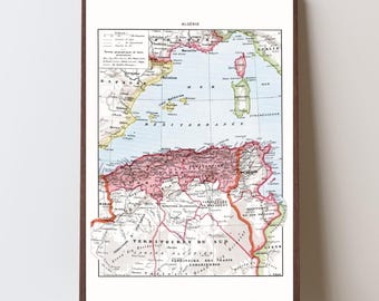 Mapa de Argelia de la década de 1920, mapa imprimible antiguo del norte de África francés, mapa antiguo del Mediterráneo del Atlas Larousse (descarga digital instantánea)