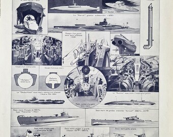 1920s French Submarine Print – Larousse Vintage Naval & Underwater Vessel Chart, Antique Maritime Illustration Wall Art Lithograph