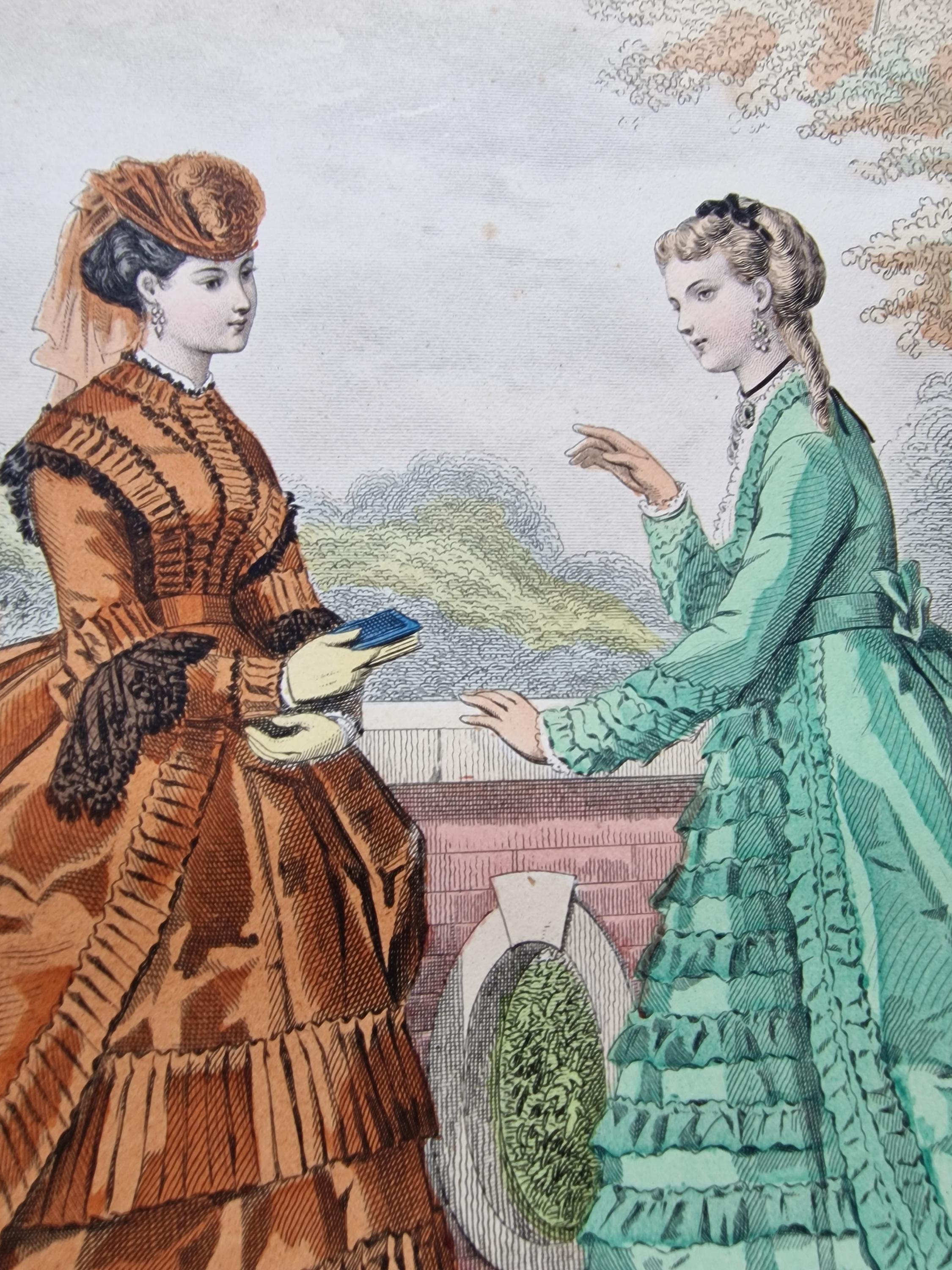 1869 French Fashion Plate – Paris Victorian Dresses in Green