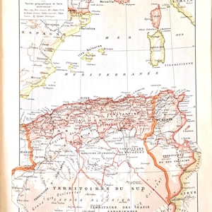 Original 1928 Algeria Map – Antique French Geographical Atlas Print, North Africa Political & Economic Map Lithograph, Sahara Wall Art