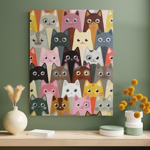 Arte mural de gatos coloridos de 40 x 50 cm: pintura acrílica caprichosa con adorables gatos de dibujos animados