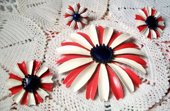 Vintage Style Bead Dangles Red White and Blue Enamel and Lucite Flowers Pair R49