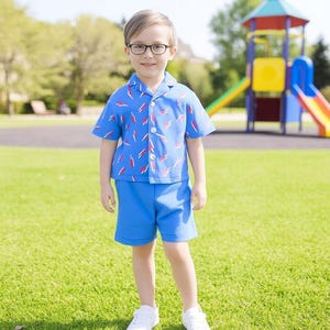 RHYMES Boys Two Piece Set, Shirt and shorts set, Blue Color, Super Charge design, 100% Cotton, Sizes 2T to 5 Years.