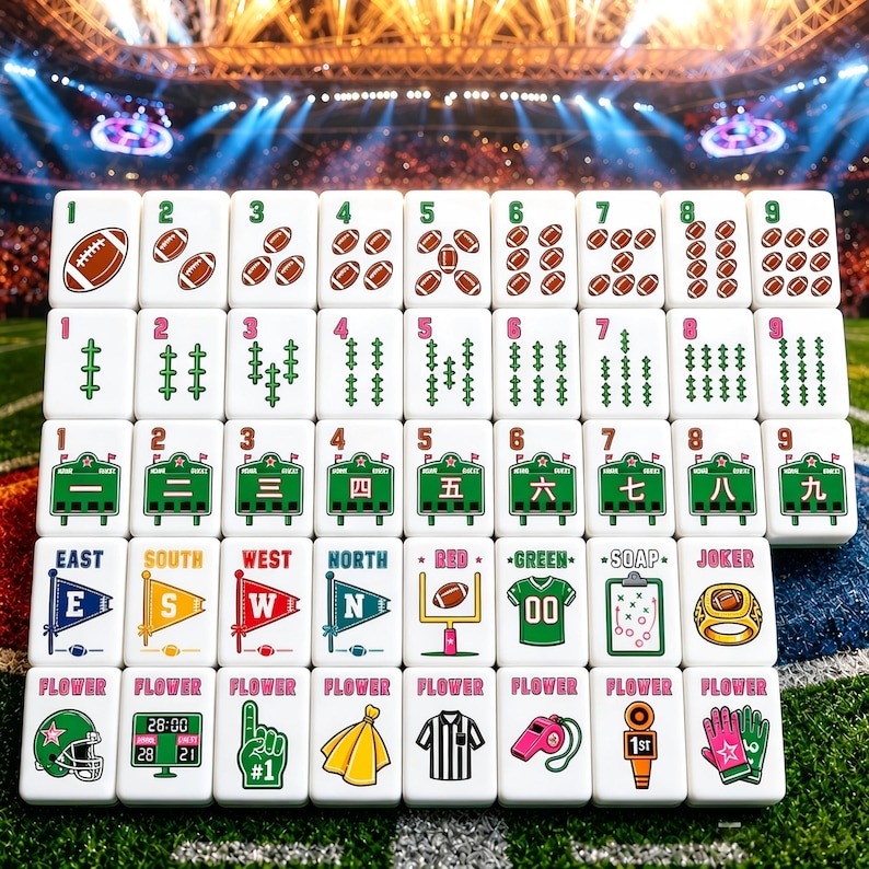 May include: A set of white mahjong tiles featuring football-themed illustrations, including brown footballs, green scoreboards with Chinese numerals, pennants labeled East, South, West, North, and various sports equipment like helmets and whistles.