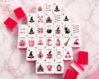 Juego de Mahjong Americano Rosa de Halloween, Fichas de Mahjong Bruja Coqueta, Lindo Juego de Regalo de Mahjong Espeluznante