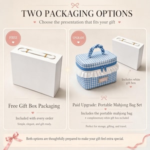 May include: Image displaying two gift packaging choices. One is a plain white box, the other a blue gingham portable mahjong bag with a white gift box. Text reads "Two Packaging Options" and "Choose the presentation that fits your gift."