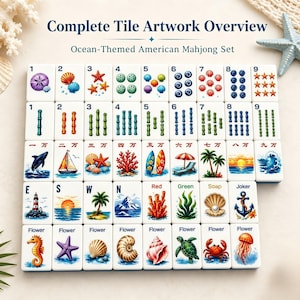 May include: An ocean-themed American Mahjong set with tiles featuring marine life and symbols. The tiles display numbers, bamboo, and suits, with images of seashells, coral, and surfboards. The set includes the text "Complete Tile Artwork Overview".