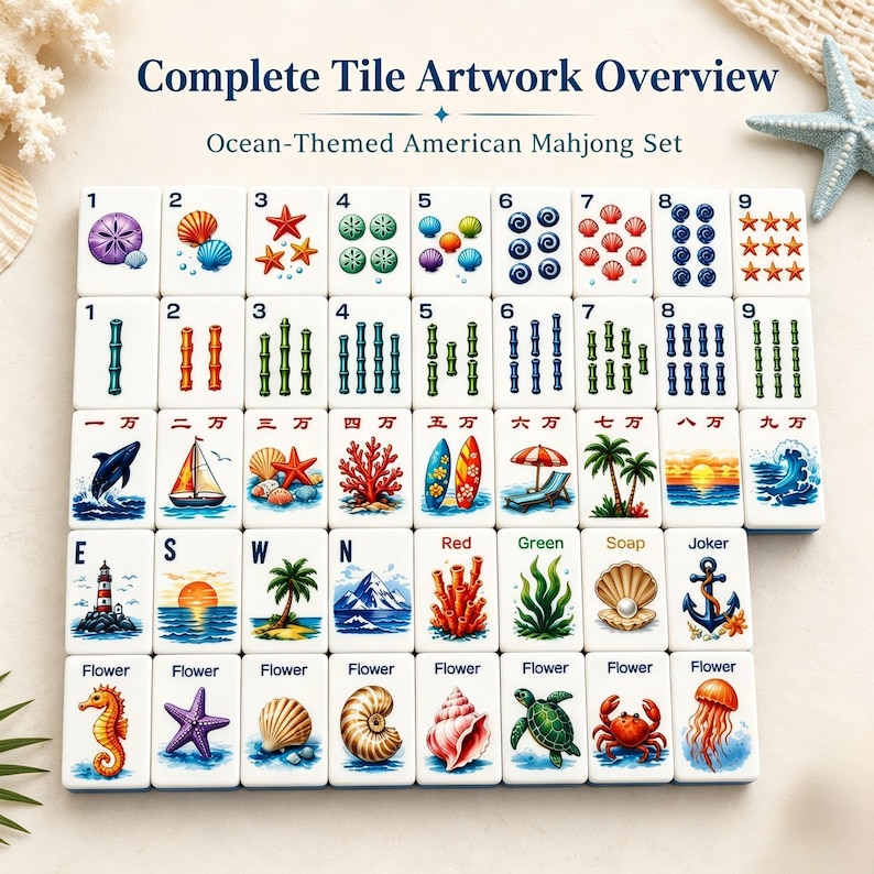 May include: An ocean-themed American Mahjong set with tiles featuring marine life and symbols. The tiles display numbers, bamboo, and suits, with images of seashells, coral, and surfboards. The set includes the text "Complete Tile Artwork Overview".