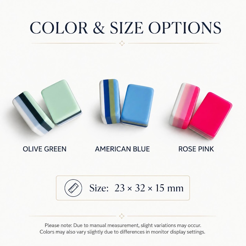 May include: Three sets of rectangular tiles labeled Olive Green, American Blue, and Rose Pink. Each set includes one solid-colored tile and one striped tile. The text reads COLOR & SIZE OPTIONS and Size: 23 x 32 x 15 mm, with a small ruler icon.