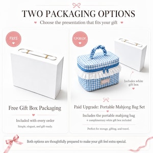 May include: Two packaging options are displayed: a plain white rectangular gift box with a handle and a blue and white gingham patterned fabric bag with a ruffled trim, a top handle, and a zipper closure, accompanied by a white gift box.