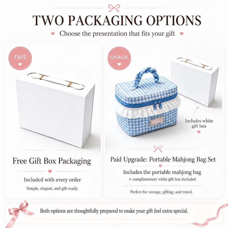May include: Two packaging options are displayed: a plain white rectangular gift box with a handle and a blue and white gingham patterned fabric bag with a ruffled trim, a top handle, and a zipper closure, accompanied by a white gift box.