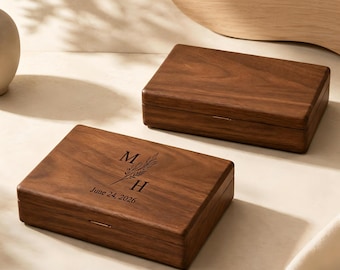 Personalized Jewelry Case with Names Date Engraving, Solid Walnut Gift for Her