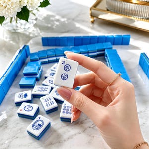 May include: A white mahjong tile with blue markings held in a hand, featuring the number 2 and circular floral designs. The tile has a blue base and is part of a larger set of blue and white mahjong tiles scattered on a white marble surface.