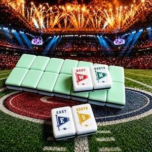May include: A set of rectangular mahjong tiles with a light green finish, featuring four white tiles printed with directional flags labeled WEST, NORTH, EAST, and SOUTH, each accompanied by a small football graphic on the tile surface.