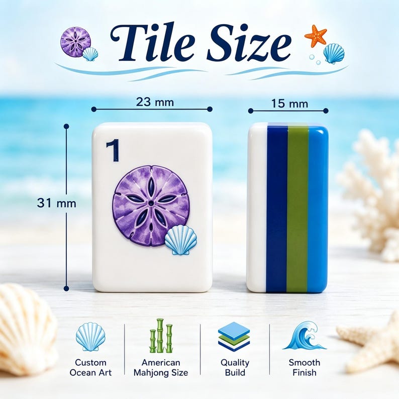 May include: Two Mahjong tiles with ocean-themed art. One tile is white with a purple sand dollar and seashell, measuring 3.1 cm x 2.3 cm. The other tile is striped with blue, green, and white, measuring 1.5 cm. The text "Tile Size" is at the top.