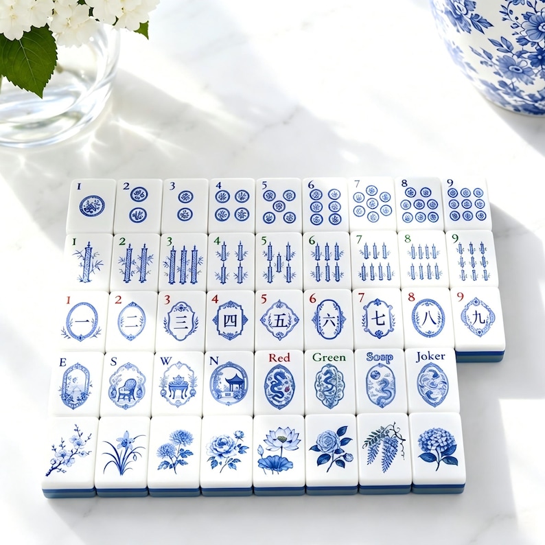 Blue and White Porcelain Mahjong Set, Chinoiserie American Mahjong Tiles, Floral Acrylic Mahjong Set, Elegant Mahjong Gift image 1