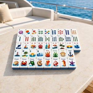 Puede incluir: Un juego de fichas de Mahjong blancas con bordes azules, con varias ilustraciones de tem&aacute;tica marina y caracteres chinos. Las fichas est&aacute;n dispuestas sobre una superficie clara, con un yate y el oc&eacute;ano de fondo.
