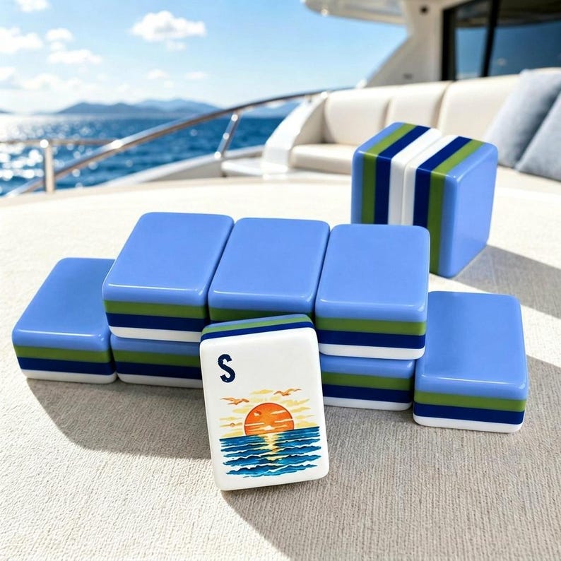 Puede incluir: Un juego de fichas de Mahjong azules y blancas con detalles verdes y blancos. Una ficha presenta un dise&ntilde;o de puesta de sol y la letra "S". Las fichas est&aacute;n dispuestas sobre una superficie clara, con un yate y el mar de fondo.