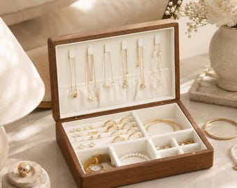 Wooden Jewelry Box Organizer with Name Engraving, Solid Walnut Case for Keepsakes
