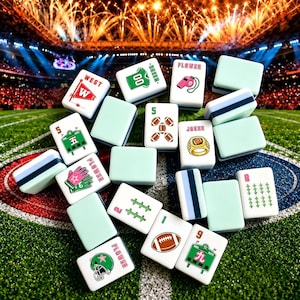 May include: A collection of rectangular mahjong tiles featuring American football-themed illustrations including jerseys, whistles, footballs, championship rings, helmets, and scoreboards, alongside plain light green and striped blue tiles.