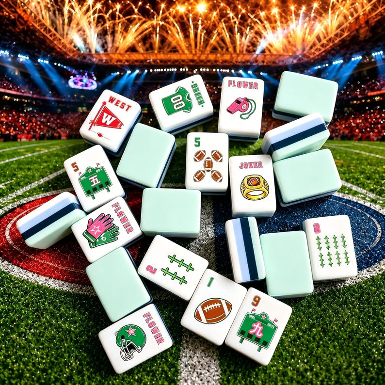 May include: A collection of rectangular mahjong tiles featuring American football-themed illustrations including jerseys, whistles, footballs, championship rings, helmets, and scoreboards, alongside plain light green and striped blue tiles.