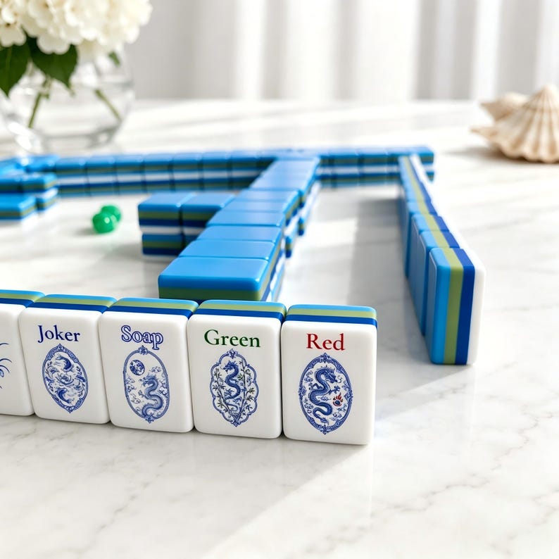 May include: A set of rectangular mahjong tiles with white faces and blue, green, and white layered sides. The front tiles feature blue and green ink illustrations of dragons within oval frames, with the text Joker, Soap, Green, and Red printed.