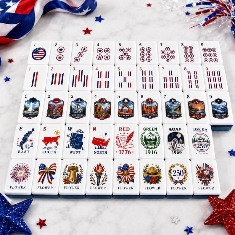 Fichas de Mahjong del 4 de Julio, Juego de Mahjong Patriótico Americano, Regalo de Mahjong Rojo Blanco Azul, Juego de Mahjong Acrílico Impreso con UV imagen 1
