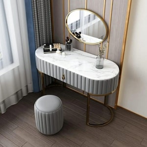 Luxury Vanity Table Set with Mirror & Stool – Gold Makeup Desk – Marble Top Dressing Table Elegant Toilet table modern chest with fabric