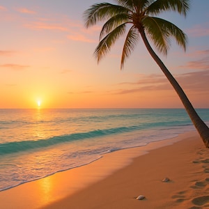 Tropical Sunrise Beach Wall Art | Palm Tree & Ocean Photo | Coastal Printable Decor