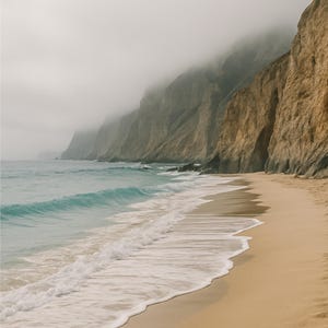 Misty Cliffs and Ocean Waves – Moody Coastal Beach Wall Art (Digital Download)