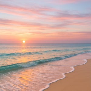 Peaceful Sunrise with Pink Sky Over Beach – Coastal Digital Wall Art