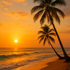 Tropical Sunset Beach Wall Art | Palm Trees & Ocean Waves Digital Print