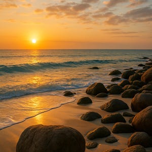 Rocky Sunset Beach Wall Art | Golden Hour Ocean Digital Download