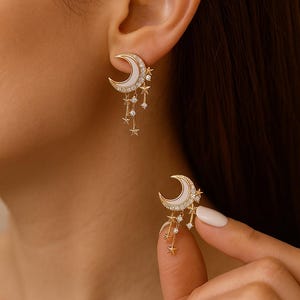 Golden Crescent  with Elegant Crystal Hanging Celestial Moon and Star Earrings