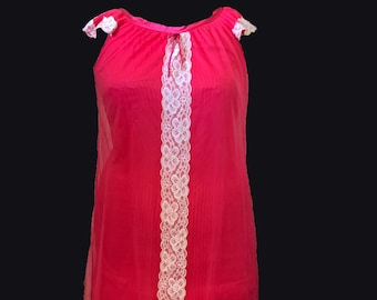 Vintage 1960s Erica-Loren Hot Pink Nylon Nightgown, Sheer Double Layer Magenta Boudoir Loungewear Gown, Contrast White Lace, Size Large