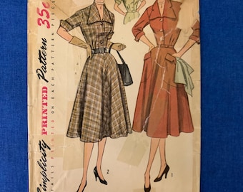 Bust 41 - Vintage 1950s Simplicity Sewing Pattern 3691 Half size 22.5 | Mid century tailored shirtwaist dress, flared gored day dress